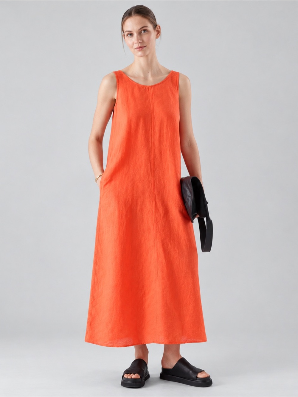 COS Low Cut Back Linen Cotton Maxi Dress Orange Minimalist Medium